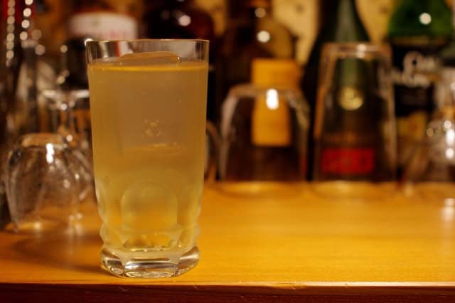 Japanese whisky highball with ice in a glass at a bar