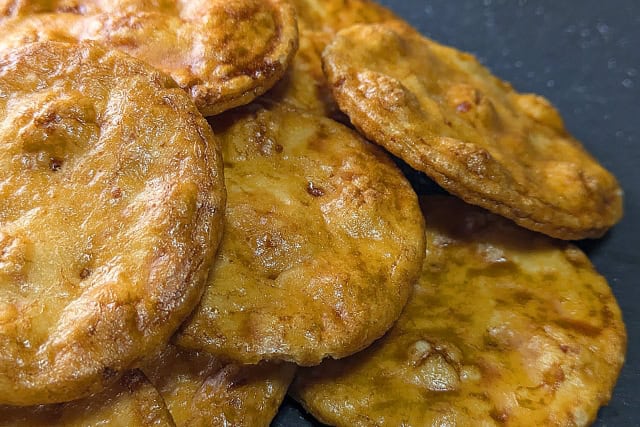Close-up of glazed soy sauce senbei rice crackers from Niigata