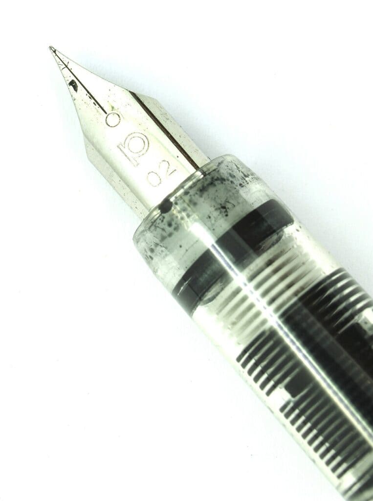 Close-up of a Platinum Preppy extra-fine 02 nib and transparent grip