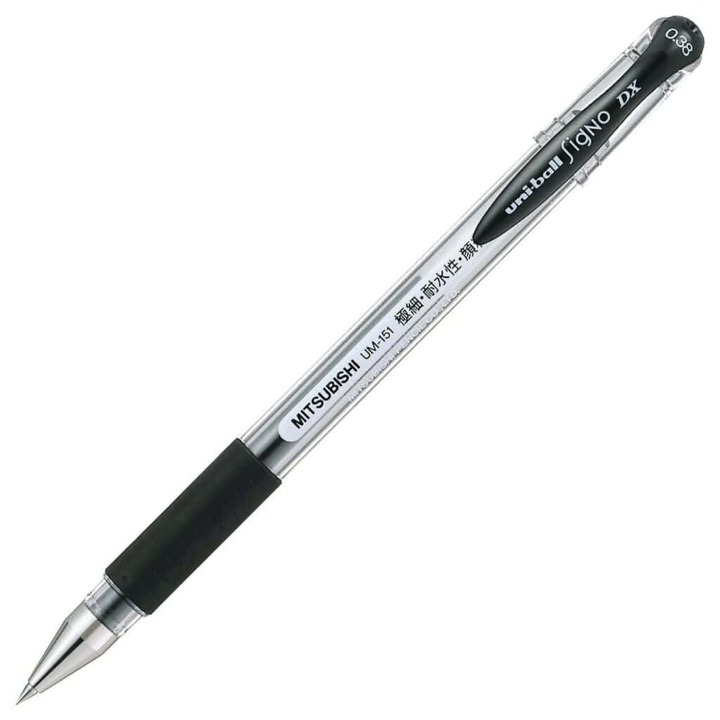 A black Uni-ball Signo DX 0.38 gel pen on a white background