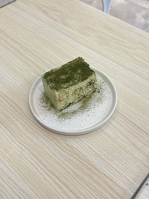 Slice of matcha tiramisu on a small plate